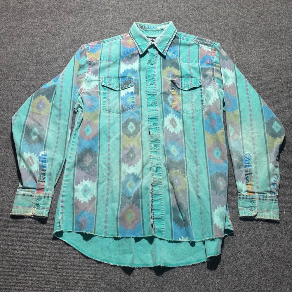 Wrangler Mens Aztec Western Shirt Teal Geometric Distressed XL Long Tail 17-35